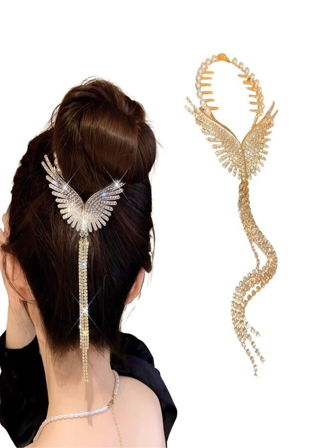 Rannyrena Pearls Tassel Rhinestone Ponytail Claw Clip for Women Crystal Bow Ponytail Bauckle Buns Hair Holder Sparkling Metal Hair Bun Accessories (Gold Angle Wings) - Image 1